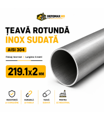 Teava rotunda inox sudata AISI 304, 219.1 x 2 mm, 6 metri Teava rotunda inox sudata AISI 304, 219.1 x 2 mm, 6 metri